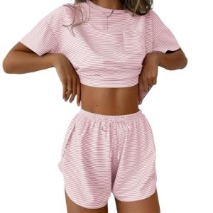 Ekouaer Women's Pink Striped Pajama Set