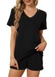 RUBZOOF Women's Black V Neck Summer Pajamas Set
