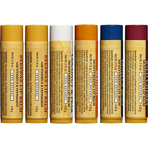 Burt's Bees 100% Natural Moisturizing Lip Balm, Multipack - Original Beeswax, Coconut & Pear, Vanilla Bean, Mango & Wild Cherry with Beeswax & Fruit Extracts - 6 Tubes