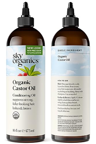 Organic Castor Oil By Sky Organics 16oz: Unrefined, 100% Pure, Hexane-Free Castor Oil - Moisturizing & Healing, For Dry Skin, Hair Growth - For Skin, Hair Care, Eyelashes - Caster Oil