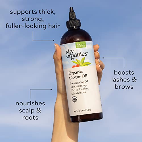 Organic Castor Oil By Sky Organics 16oz: Unrefined, 100% Pure, Hexane-Free Castor Oil - Moisturizing & Healing, For Dry Skin, Hair Growth - For Skin, Hair Care, Eyelashes - Caster Oil
