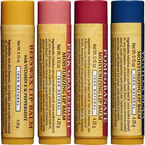 Burt's Bees 100% Natural Moisturizing Lip Balm, Multipack - Original Beeswax, Pink Grapefruit, Pomegranate and Vanilla Bean with Beeswax & Fruit Extracts - 4 Tubes