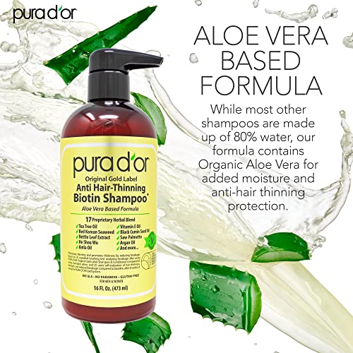 PURA D'OR Original Gold Label Anti-Thinning Biotin Shampoo Natural Earthy Scent,Clinically Tested Proven Results,Herbal DHT Blocker Hair Thickening Products For Women & Men,Color Treated Hair,16oz