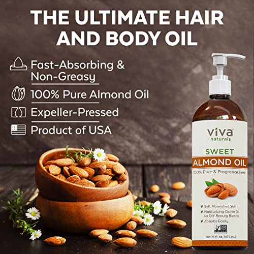 Viva Naturals Sweet Almond Oil, Hexane Free for Skin and Hair, 16 oz / 473 ml