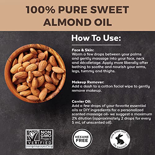 Viva Naturals Sweet Almond Oil, Hexane Free for Skin and Hair, 16 oz / 473 ml