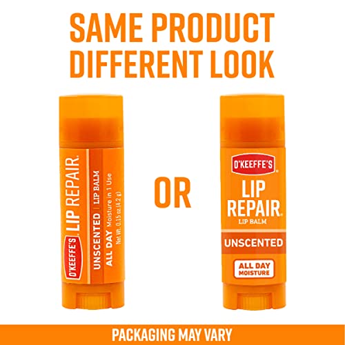 O'Keeffe's Unscented Lip Repair Lip Balm for Dry, Cracked Lips, Stick, (Pack of 4)