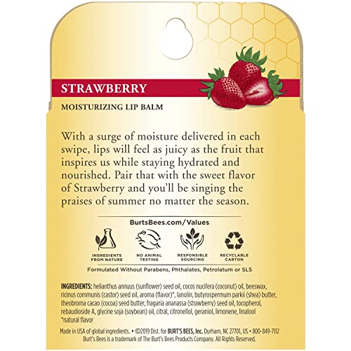 Burt's Bees 100% Natural Moisturizing Lip Balm, Strawberry with Beeswax & Fruit Extracts - 4 Tubes