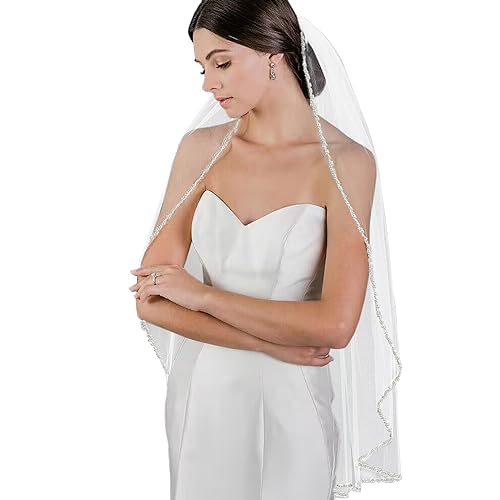 Elegant Fingertip Length Bridal Veil with Pearls