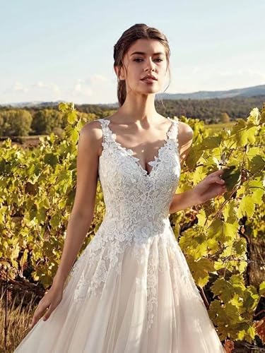 Lace V Neck Sleeveless Wedding Dress for Brides