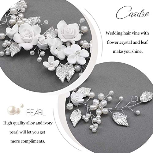 Silver Bridal Hair Vine with Pearls and Leaves