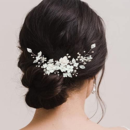 Silver Bridal Hair Vine with Pearls and Leaves