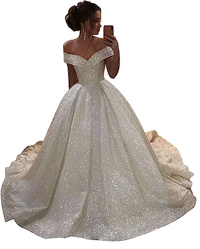Sparkly Off Shoulder Sequin Wedding Dress for Bride