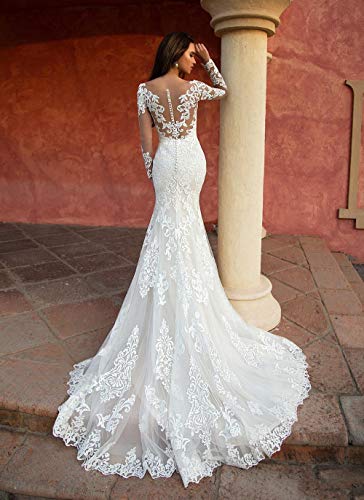 Boho Lace Long Sleeve Wedding Dress - White