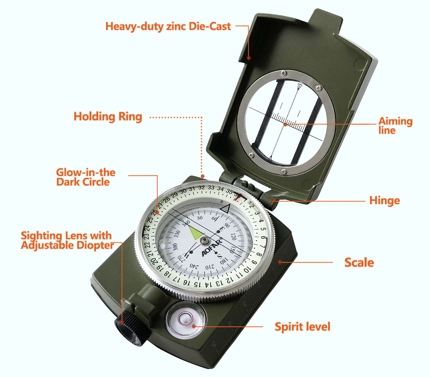 AOFAR Military Waterproof Compass for Camping and Hiking