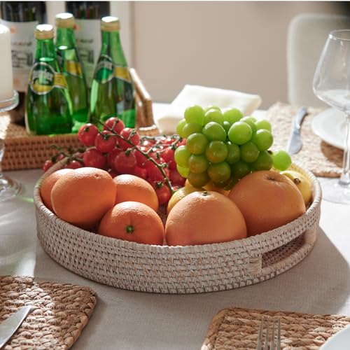 Round Woven Rattan Serving Tray with Handles