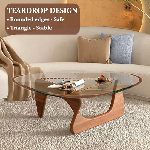 Triangle Walnut Wood Coffee Table with Glass Top