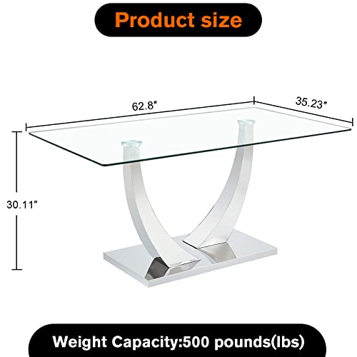 Modern 63" Glass Dining Table for Four to Six
