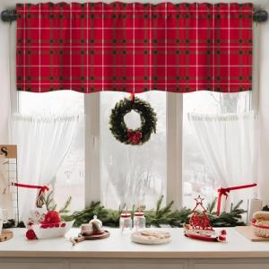 Red Striped Plaid Valance Curtains for Windows