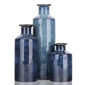 Set of 3 Blue Ceramic Vases for Home Decor