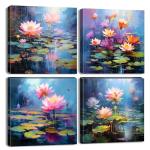 Colorful Lotus Flower Wall Art Set of 4