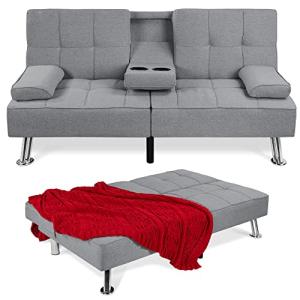 Linen Folding Futon Sofa Bed with Cupholders - Gray