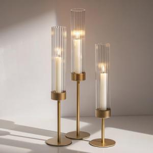 Gold Taper Candle Holders with Glass Cylinder Cover