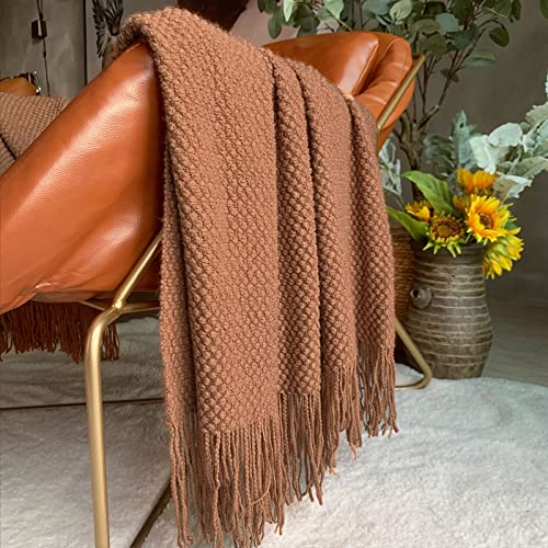 Lightweight Tassel Knitted Throw Blanket - Caramel