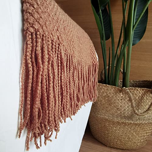 Lightweight Tassel Knitted Throw Blanket - Caramel