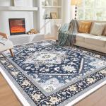 Navy Blue & Gold Soft Non-Slip Area Rug 5x7
