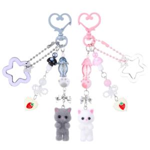 Ouligay 2 Pcs Fuzzy Cat Keychain,Cute Key Chain Charms,Y2k Keychain,Kawaii Matching Keychains with star,Fuzzy Kitty Cat Decor for Cat Lover,Gift for Women Backpack Purse(Gray White)