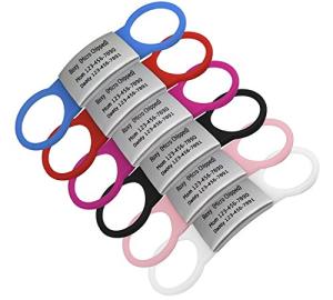 LaReine Silent Slide On Pet ID Tags, Personalized Laser Engraved on Collar, Colored Elastic Silicone Band and S/M/L/XL Black Stainless Steel Cat Dog Name Plate (Colored, S-XL)