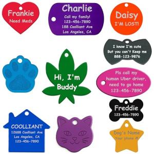 Personalized Pet ID Tags for Dogs and Cats - Laser Engraved Small or Large Custom Name Tag in Heart, Bow, Leaf, cat face, Round, Bone, Military Style, Star, paw, Oval, House, and Rectangular Shapes