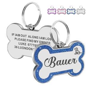Dog Tags Personalized for Pets Dog Name Tags Personalized Dog Tag Engraved with Any Name & Text Custom Dog ID Tags Glitter Bone ID Tag for Puppy Cat (Blue S, Bone)