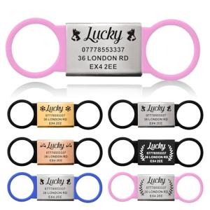 EDSG Personalized Dog Tags, Silent Slide On Pet ID Tag, Silicone Name Tag for Small, Medium, Large Dogs and Cats, Custom Engraved Collars Tag, Pink and Silver