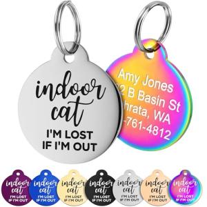 GoTags Personalized Indoor Cat Tag, Stainless Steel Round Pet ID Tag for Kittens and Cats, Engraved with 4 Lines of Custom Text and Phone Number, Colorful Fun Design (Small Pack of 1)