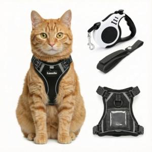 Luxelle Escape-Proof Cat Harness and Leash Set – Adjustable No Pull Soft Vest with 360° Reflective Straps, Built-in Pocket & Wrist Strap, Breathable Mesh Outdoor Harness for Cats & Kittens