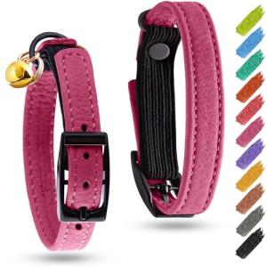 Leather Cat Collar with Bell and Safety Elastic Strap Breakaway Alternative for Small & Large Kittens, Stylish Pet Leather Collar for Boy, Girl Cats with Metal Buckle & QR ID Tag (Pink)