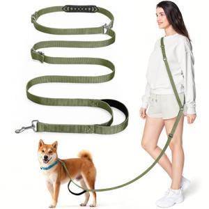 Tivray Hands Free Dog Leash, 8.5ft Adjustable Hands Free Leash for Medium Dogs, Versatile Handheld Crossbody Waist Lead with 3 Rings, Easy Adjust for Running Jogging Walking, Sponge Handle, Army Green