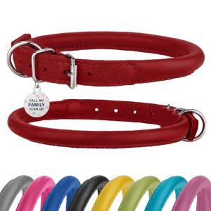 Rolled Leather Dog Collar Soft Round Collars, ID Tag for Small Medium Large Dogs (11-14 inch, Imperial Red)