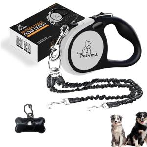PetVest Dual Retractable Dog Leash – 16 FT Tangle-Free Leash for 2 Dogs, Detachable for Single Use, One-Button Brake & Lock, Up to 77 lbs Each, 360° Swivel, Non-Slip Handle + Poop Bag Holder