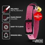 Leather Cat Collar with Bell and Safety Elastic Strap Breakaway Alternative for Small & Large Kittens, Stylish Pet Leather Collar for Boy, Girl Cats with Metal Buckle & QR ID Tag (Pink)