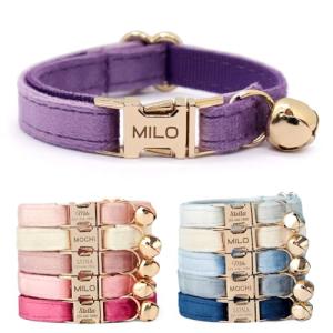 Personalized Velvet Cat Collar with Bell - Purple