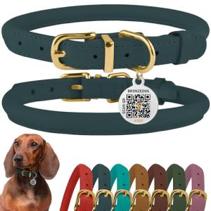 BronzeDog Adjustable Leather Dog Collar with QR Tag