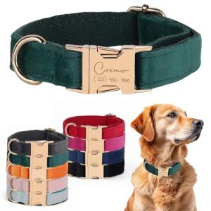 Velvet Harness Set, Gift for Pet Owners, Custom Dog Collar Personalized with Name and Phone Number, Custom Collar and Leash for Dogs, Engraved Metal Buckle Collar(Medium)