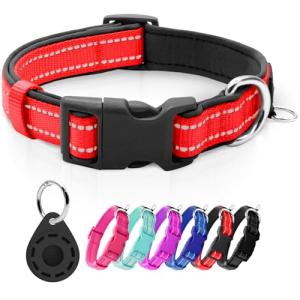 Reflective Dog Collar with Airtag Holder, Red