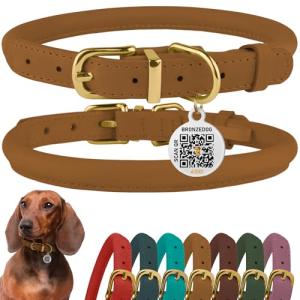 BronzeDog Adjustable Leather Dog Collar with QR Tag
