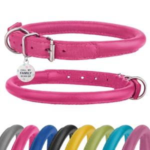 Soft Pink Rolled Leather Dog Collar with ID Tag