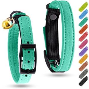 Stylish Mint Leather Cat Collar with QR ID Tag