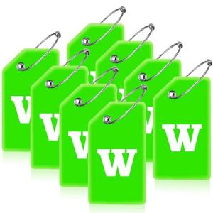 Gostwo 8 Pack Luggage Tags for Suitcases, 26 Initial Letter Travel Luggage Baggage Identification Labels ID Tags Fully Bendable Tags with Stainless Steel Loop (Letter W, Green)
