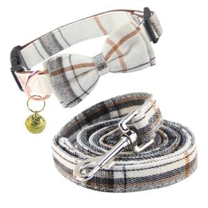 Plaid Dog Collar and Leash Set with Bow Tie